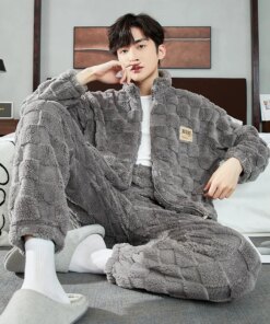 Men Warm Flannel Pajamas Autumn Thicken Long-sleeved Trousers Two-Piece Set Winter Man Pyjamas Loose Comfortable Sleepwear Suit