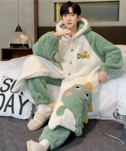 Autumn and Winter New Coral Plush Thickened and Warm Cartoon Loose Men's Home Clothing Set with Cold resistant Sleeping Robe