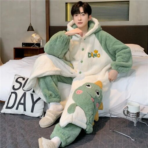 Autumn and Winter New Coral Plush Thickened and Warm Cartoon Loose Men's Home Clothing Set with Cold resistant Sleeping Robe