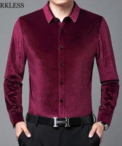Velvet Wine Red Luxury Velour Shirts Mens Long Sleeve Retro Elegant Plush Blouse Soft Unusual Clothes For Men Party Club Shirts