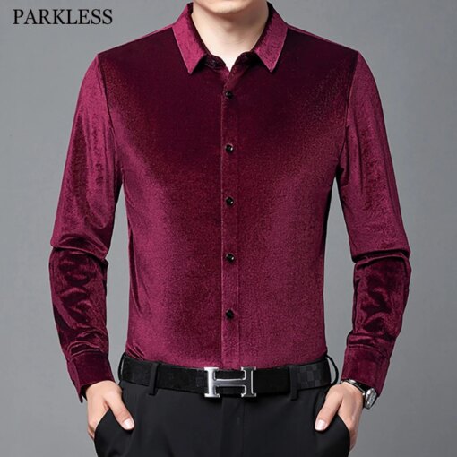 Velvet Wine Red Luxury Velour Shirts Mens Long Sleeve Retro Elegant Plush Blouse Soft Unusual Clothes For Men Party Club Shirts