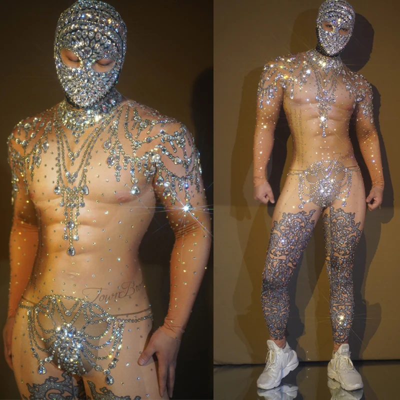 Sexy Rhinstones Jumpsuit Stones Mask Flesh Color Nude Pole Dance Leotards Men Stage Gogo Costume Rave Festival Outfits XS3743