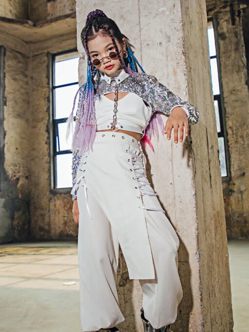 ZZL Cool Clothes for Children Sequin Jazz Dancer Style Dance Costume Girls K-pop Stage Outfits Kids Glitter Performan