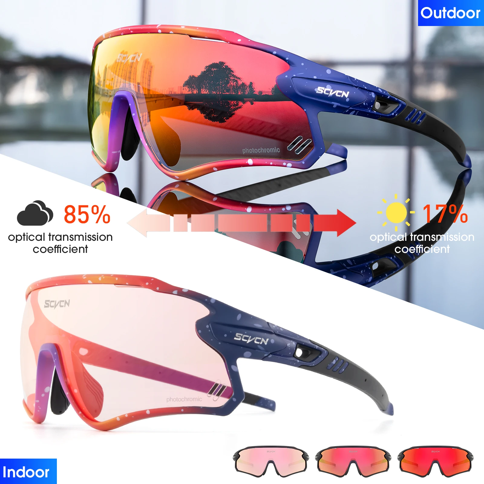 SCVCN Red Bule Photochromic Sunglasses MTB Road Cycling Glasses Men Women Sports Running Goggles UV400 Bike Bicycle Eyewear