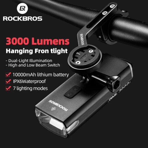 ROCKBROS 3000LM Bike Light 10000mAH Flashlight High-Low Beam Bicycle Front Light Powerbank Waterproof MTB Road Cycling Headlight