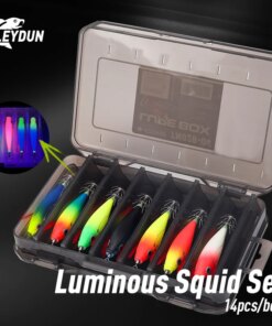 LEYDUN Luminous Horizontal Squid Jig Wood Shrimp Squid Hook 14pcs/Set Fishing Lures Octopus Cuttlefish Shrimp Saltwater Baits