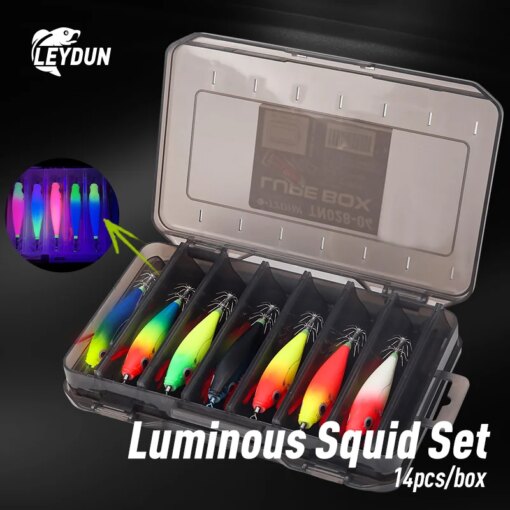 LEYDUN Luminous Horizontal Squid Jig Wood Shrimp Squid Hook 14pcs/Set Fishing Lures Octopus Cuttlefish Shrimp Saltwater Baits