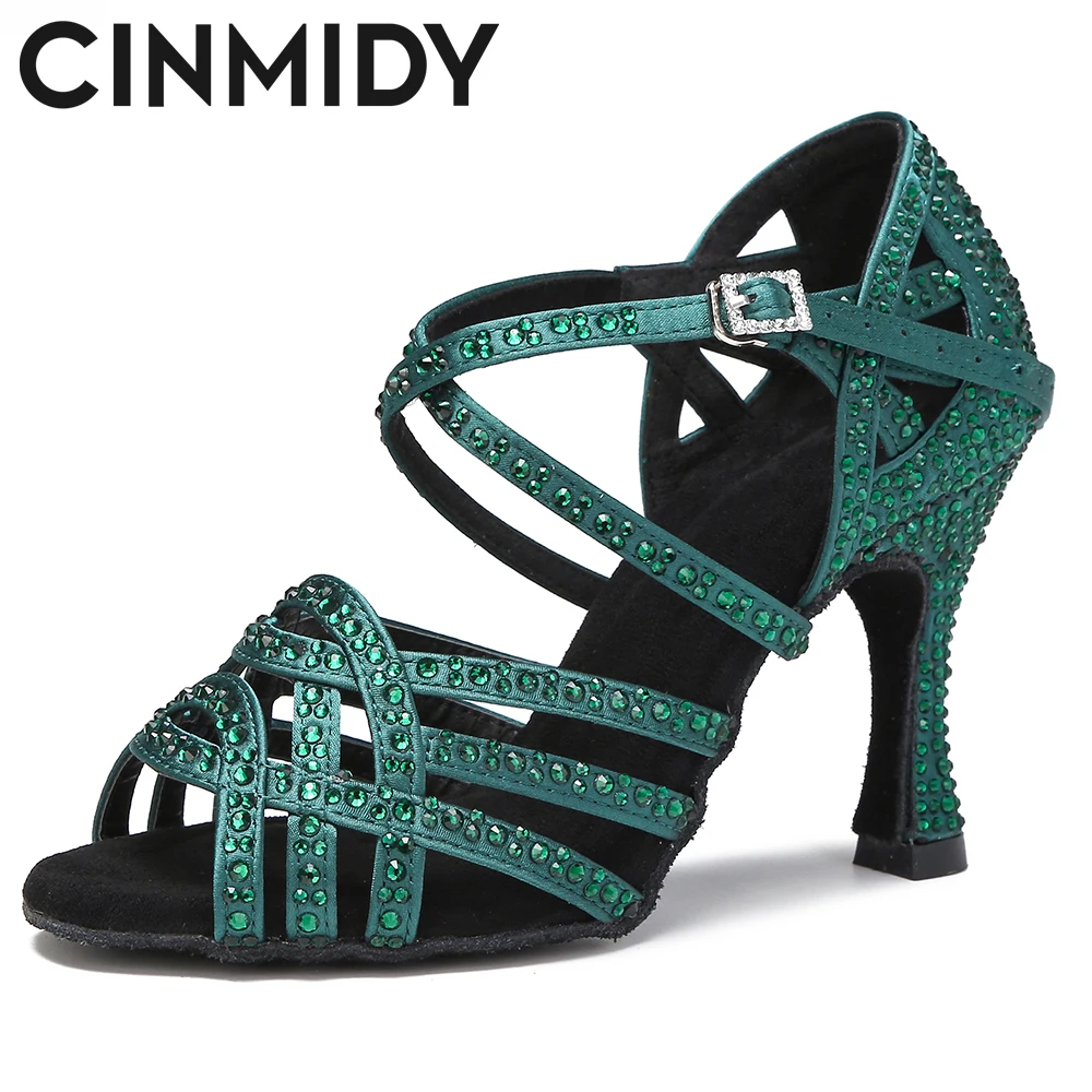 CINMIDY Blue Latin Dance Shoes Women Ballroom Party Shoes Soft Bottom Salsa Performance Shoes For Dancing Women's Sandals Green