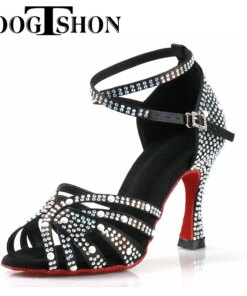 Loogtshon  Rhinestone Professional Latin Dance Heel 9CM Pink Black Lady Dance Shoes Soft Samba Rumba Cha Cha Dancing Shoes PROMO