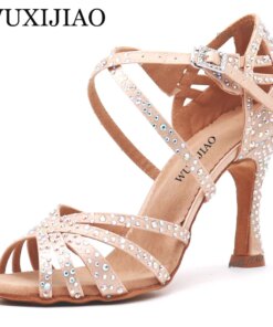 WUXIJIAO Women Party Dance Shoes  Satin Shining rhinestones Soft Bottom Latin Dance Shoes Woman Salsa Dance Shoes heel5CM-10CM
