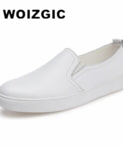 WOIZGIC Women's Ladies Female Woman Cow Genuine Leather White Vulcanized Shoes Flats Loafers Korean Slip On Leisure LLX-6688