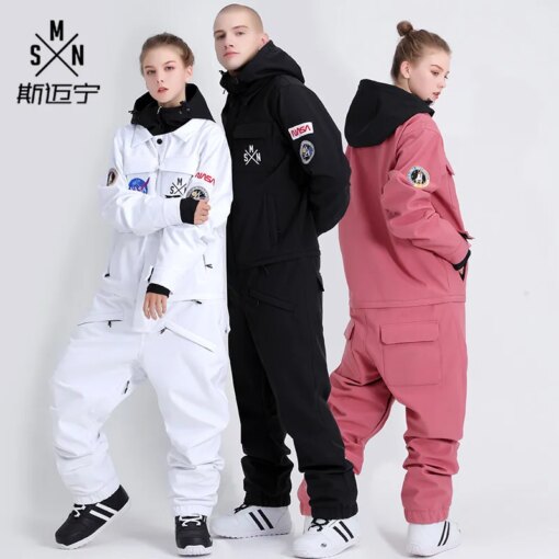 Women's Winter Jumpsuit One Piece Ski Suit Men Ski Jacket Pant Windproof Waterproof Hooded Warm Snowsuit for Skiing Snowboard