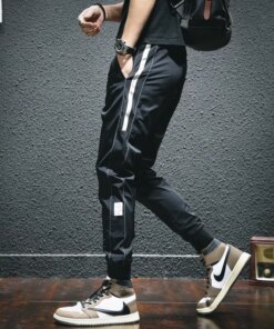 Summer Sport Casual Pants Men Lightweight Joggers Fashion Side Stripe Gym Black Elastic Waist Drawstring Jogging Trousers