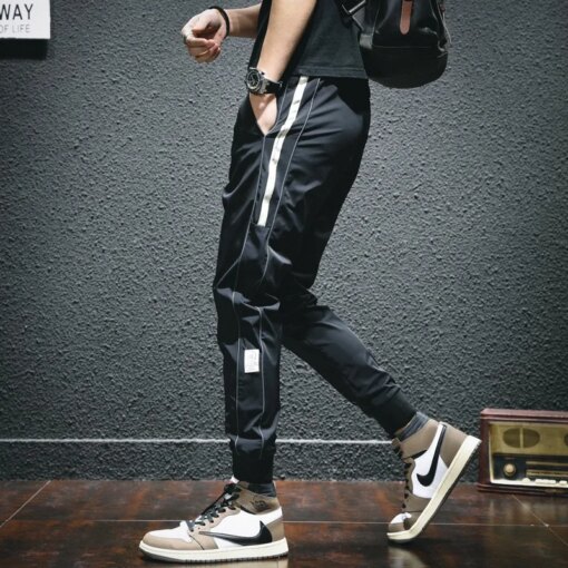 Summer Sport Casual Pants Men Lightweight Joggers Fashion Side Stripe Gym Black Elastic Waist Drawstring Jogging Trousers