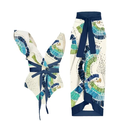 2024 New 2PC Print Retro Swimwear Push Up Playa Women's Swimsuit One Piece Bodysuit Patchwork Bathing Suit Pads Female Set
