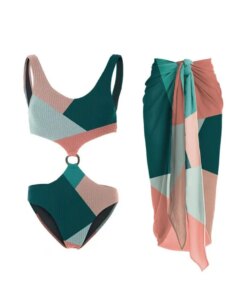 Fashionable Color Contrast One-piece Bikini Women Swimwear 2023 New High Waisted Open Back Swimsuit Cover Up for Beach Vacation