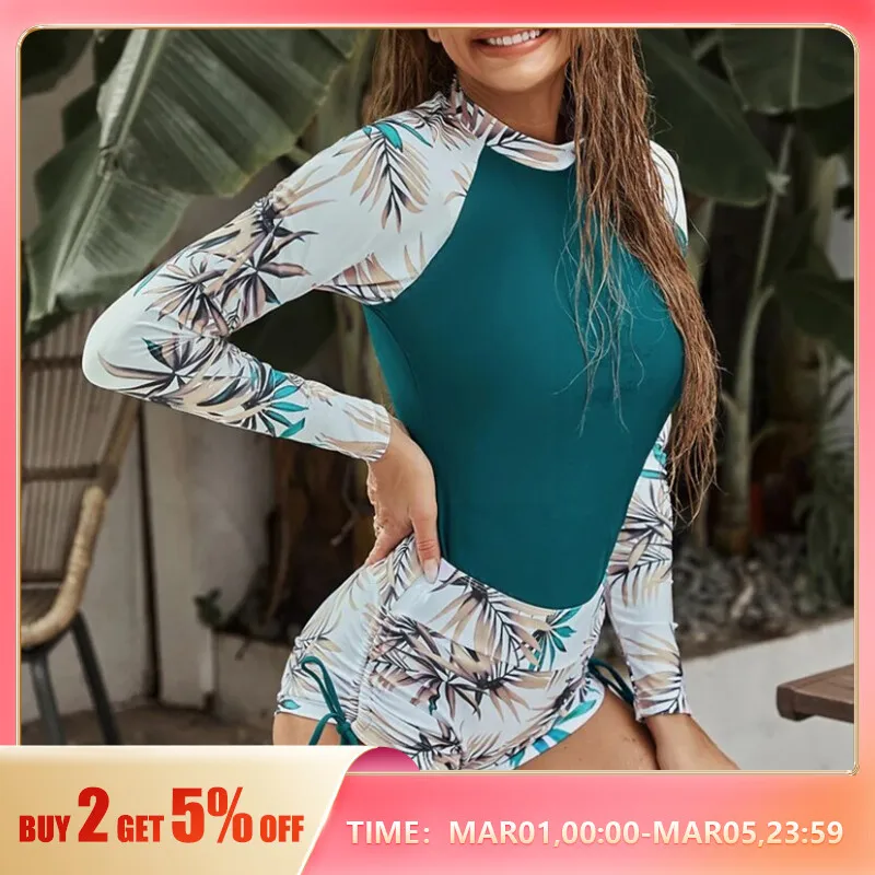 Women's Conservative Swimsuit 2-Piece Swim Beach Bathing Suit Set Patchwork Long-Sleeved Split Bikini Swimsuit Sets