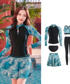 Long Sleeve Rash Guard Women Print 5 Piece Swimsuit Zipper Swimwear  with skirt Bathing Suits Black Surfing Suits Pad Long Pant