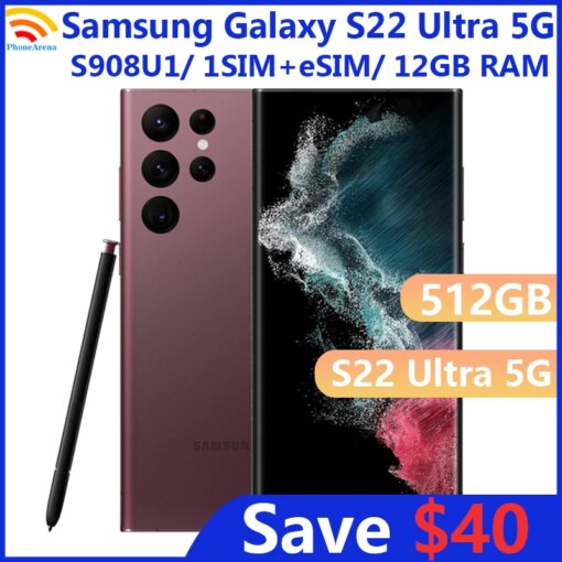 Samsung Galaxy S22 Ultra 5G S908U1 512GB ROM 12GB RAM 6.8"  Snapdragon 8 NFC S22U eSIM Original Unlocked Cell Phone
