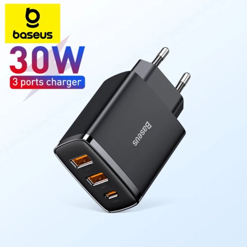 Baseus 30W USB Charger QC3.0 PD3.0 Type C PD Fast Charging 3 Ports Quick Phone Charger For iPhone 15 14 13Pro Max Xiaomi Samsung