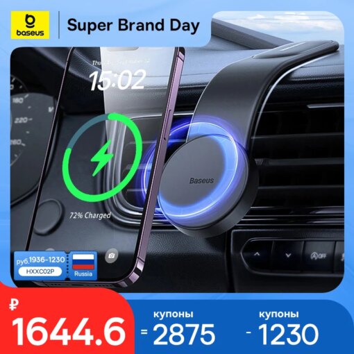 Baseus Magnetic Bendable 15W Car Mobile Phone Holder Wireless Charger Phone Holder for iPhone 12-15 Dashborad Center Console