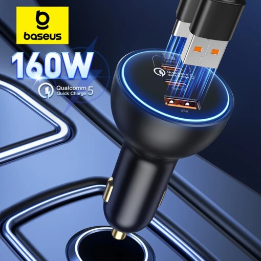 Baseus 160W Car Charger QC 5.0 Fast Quick Charging PPS PD3.0 USB Type C Car Phone Charge For iPhone 13 14 15 Pro Laptops Tablets