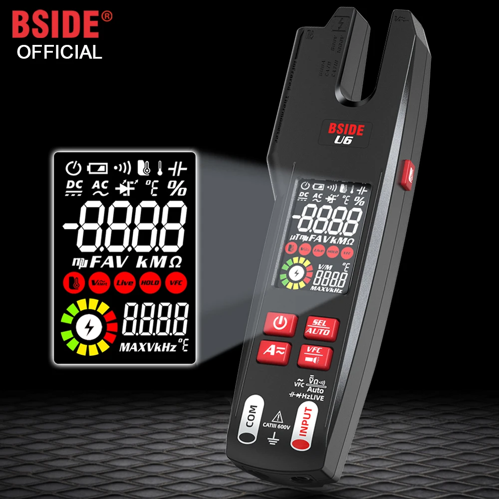 BSIDE U6 Digital Clamp Meter Fork Professional 600A Ammeter Pliers T-RMS DC AC Current OpenJaw Electrical Tester Auto Multimeter