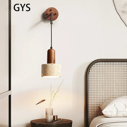 Led Bedroom Bedside Wall Lamp Yellow Cave Stone Light Wood Cream Retro Style Lighting With Switch Vintage Hanging Foco For Home