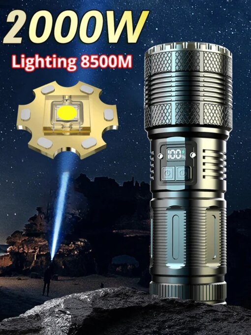 9500M LED Flashlight USB C Rechargeable 5000W Flash Light 990000000LM Power Flashlights Zoom Tactical Lantern 20000mah battery