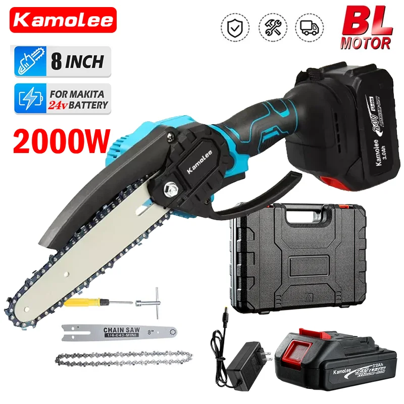 Kamolee Brushless Electric Chain Saw 24V 8 Inch Mini Chainsaw Wood Cutter Pruning Garden Power Tool For Makita 18V Battery