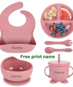 Personalized Name Baby Feeding Sets Silicone Suction Cup Plate Dishes Spoon Fork Bib Children's Tableware Feeding Bowls 6pcs/set