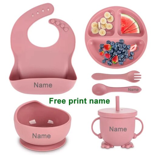 Personalized Name Baby Feeding Sets Silicone Suction Cup Plate Dishes Spoon Fork Bib Children's Tableware Feeding Bowls 6pcs/set