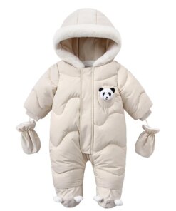 Winter Baby Rompers Solid Color Cartoon Jumpsui Built-in Fleece Thermal Coveralls Newborn Babies Thickened Outdoor Snow Suit
