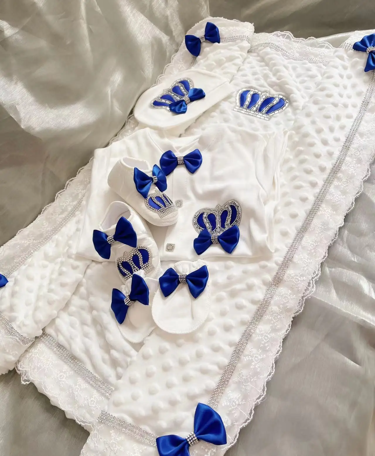 Dollbling Newborn 5pcs Layette Outfits Set Baby Boy Tuxedo Outfit 0-3 Months Handmade Royal Blue Jewels Crown Parajams Gift Set