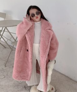 Winter Coat Girls Boys 2023 Furry Hooded Teddy Bear White Pink Faux Fur Long Jacket Long Sleeve Kids Fleece Cardigan XMP614