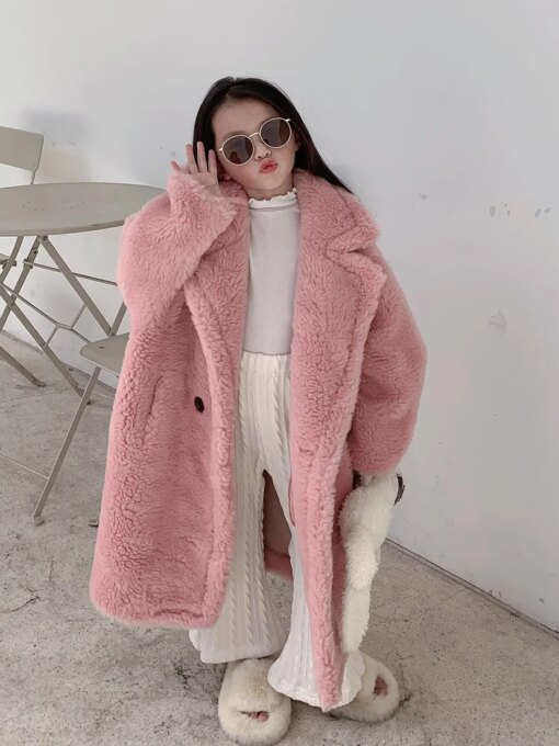 Winter Coat Girls Boys 2023 Furry Hooded Teddy Bear White Pink Faux Fur Long Jacket Long Sleeve Kids Fleece Cardigan XMP614