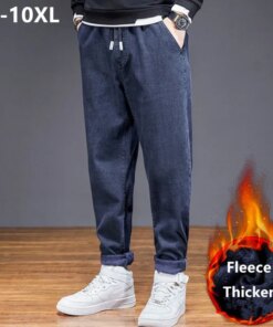Autumn Winter Loose Plus Size 8XL 10XL Fleece Warm Jeans Men Boys Teenagers Elastic Thicken Deinm Trousers Stretched Pants