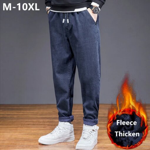 Autumn Winter Loose Plus Size 8XL 10XL Fleece Warm Jeans Men Boys Teenagers Elastic Thicken Deinm Trousers Stretched Pants