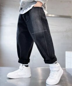 Boys' Autumn and Winter Fashion High Waist Solid Color Jeans Casual Versatile Fashionable Active Kids Children's Clothing Pants