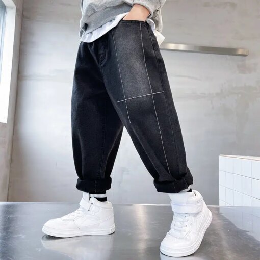 Boys' Autumn and Winter Fashion High Waist Solid Color Jeans Casual Versatile Fashionable Active Kids Children's Clothing Pants