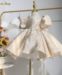 Baby Girl Princess Dress Puff Sleeve Infant Toddler Teen Bow Vestido Gold Party Birthday Ball Gown Xmas Baby Clothes 1-14Y
