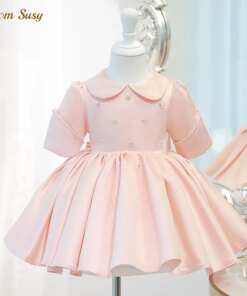 Baby Girl Princess Pearl Beading Dress Half Sleeve Child Vintage Bow Vestido Peter Pan Collar Party Pageant Birthday Frocks 1-7Y