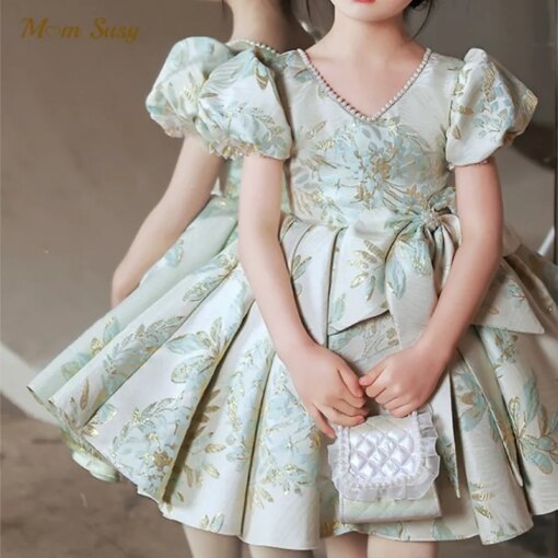 Baby Girl Princess Floral Silk Pearl Neck Dress Short Puff Sleeve Child Vintage Bow Vestido Party Pageant Birthday Frocks 1-12Y