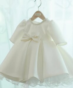 Beaded Tulle Baby Girl Dresses For Wedding Princess Baby Girls Baptism Christening Clothes Long Sleeve 1st Birthday Party Gown