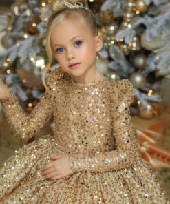 Newborn Christening Baby Girl Dresses Clothes Golden Lace Sequin Tulle Princess Dress Party Wedding Baptism 1st Birthday Vestido