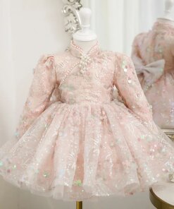 Infant Sequin Pink Baby Girls Christening Gowns Dresses Winter Baby Baptism Clothes Princess Lace 1st Year Birthday Vestidos