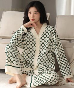 Spring New Elegant Women Pajama Sets Female Pyjamas V-neck Girls Kimono Sleepwear Femme Loungewear Pijama Mujer Home Nightwear