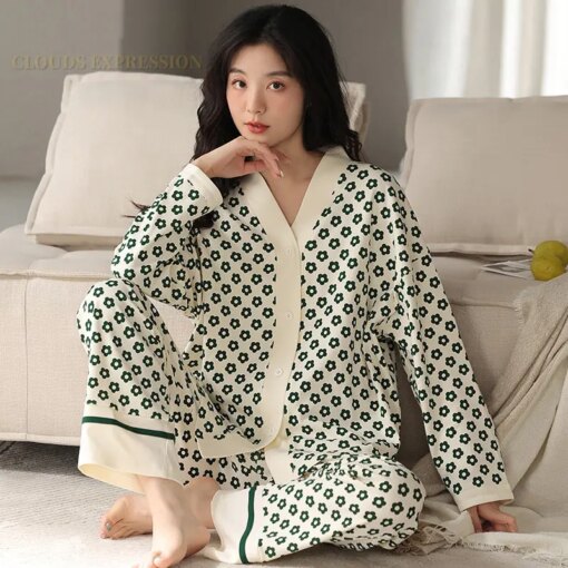 Spring New Elegant Women Pajama Sets Female Pyjamas V-neck Girls Kimono Sleepwear Femme Loungewear Pijama Mujer Home Nightwear