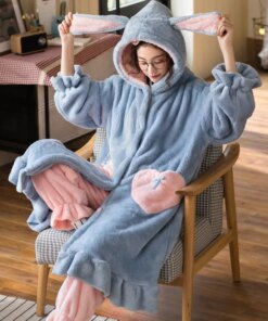 Winter Flannel Pajamas Sets For Women Cute Rabbit Ears Hooded Nightgown Thicken Warm Sleepwear Sweet Girls Pyjamas Sleep Dress