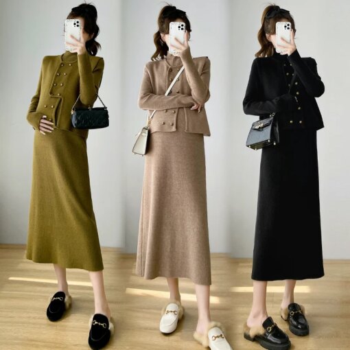 Korean Style Autumn Winter Pregnant Woman Clothes Set Fashion Sweater+Long Sleeve Knitting Dress Two-piece Set Maternity Suits